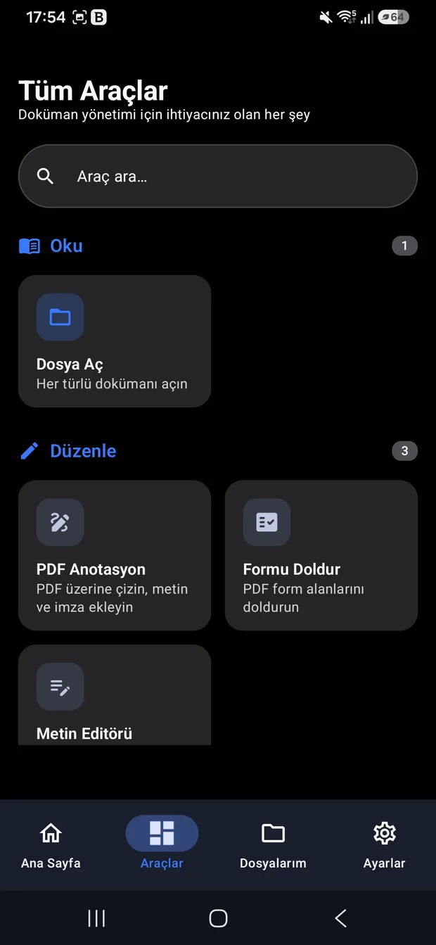 OmniDoc okuma ve düzenleme kategorileri: dosya aç, PDF anotasyon, form doldur, metin editörü