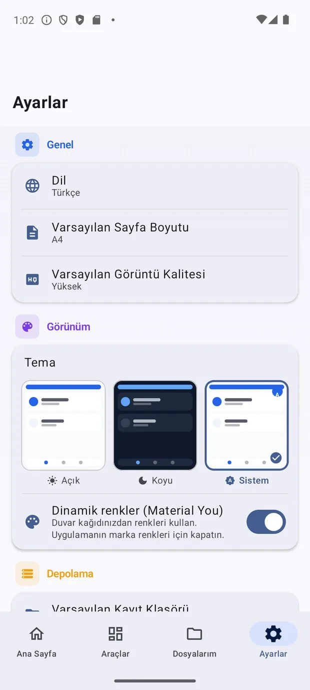 OmniDoc ayarlar ekranı: açık, koyu ve sistem teması ile Material You desteği
