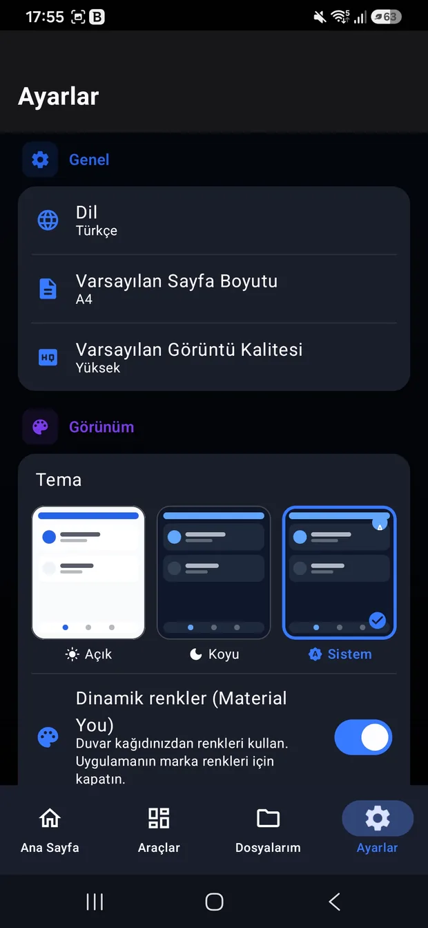 OmniDoc ayarlar ekranı: dil, sayfa boyutu, açık ve koyu tema seçimi