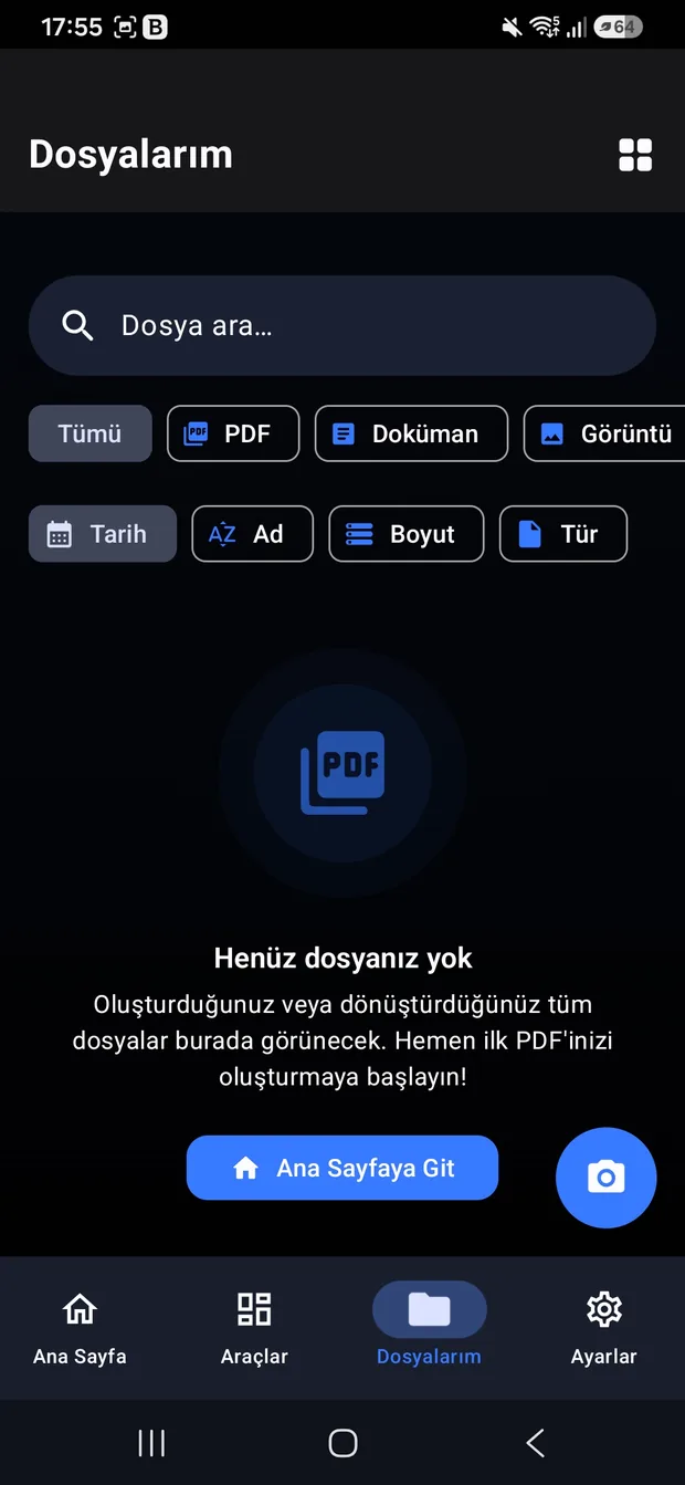 OmniDoc dosyalarım ekranı: tür ve tarihe göre filtreleme