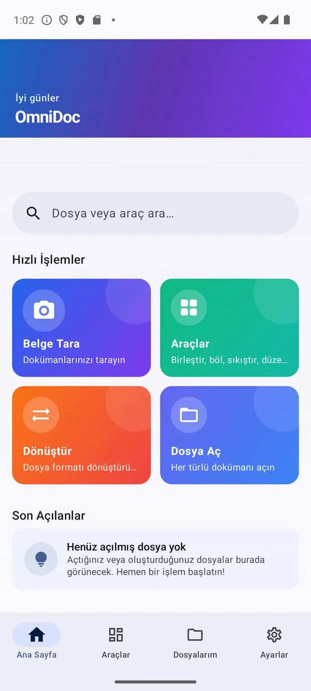 OmniDoc ana ekranı: dört sekmeli gezinme ve tek arama çubuğu