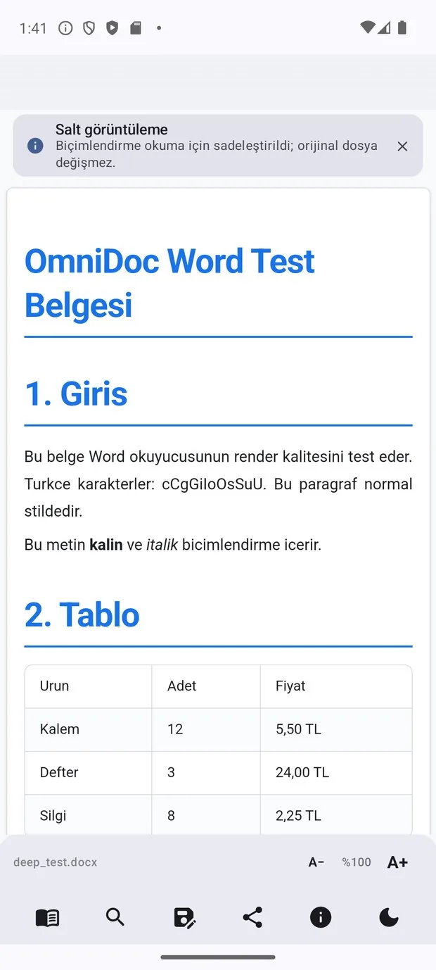 OmniDoc Word okuyucusu: DOCX belgesi başlıkları, biçimlendirmesi ve tablosuyla görüntüleniyor