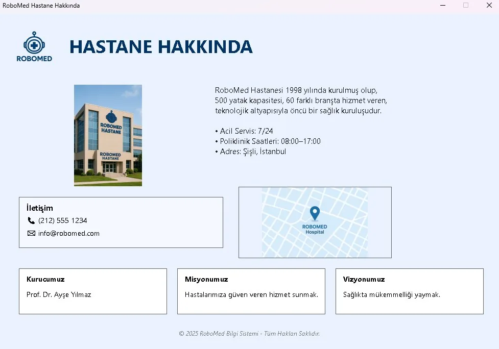 RoboMed masaüstü uygulaması — hastane bilgi sayfası